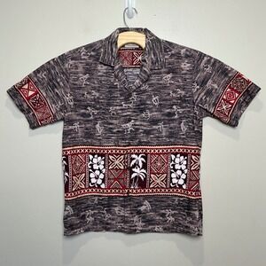 Winnie Fashion Mens Hawaiian Shirt Medium Grey Burgundy Tribal Hibiscus Cotton